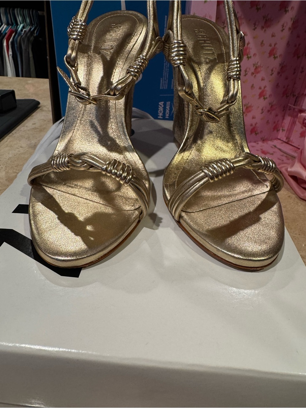 SCHUTZ Metallic Gold Knotted Slingback Heels